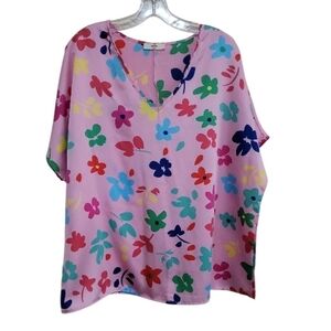 Entro Womens Pink Floral Print V-neck Blouse Size Large